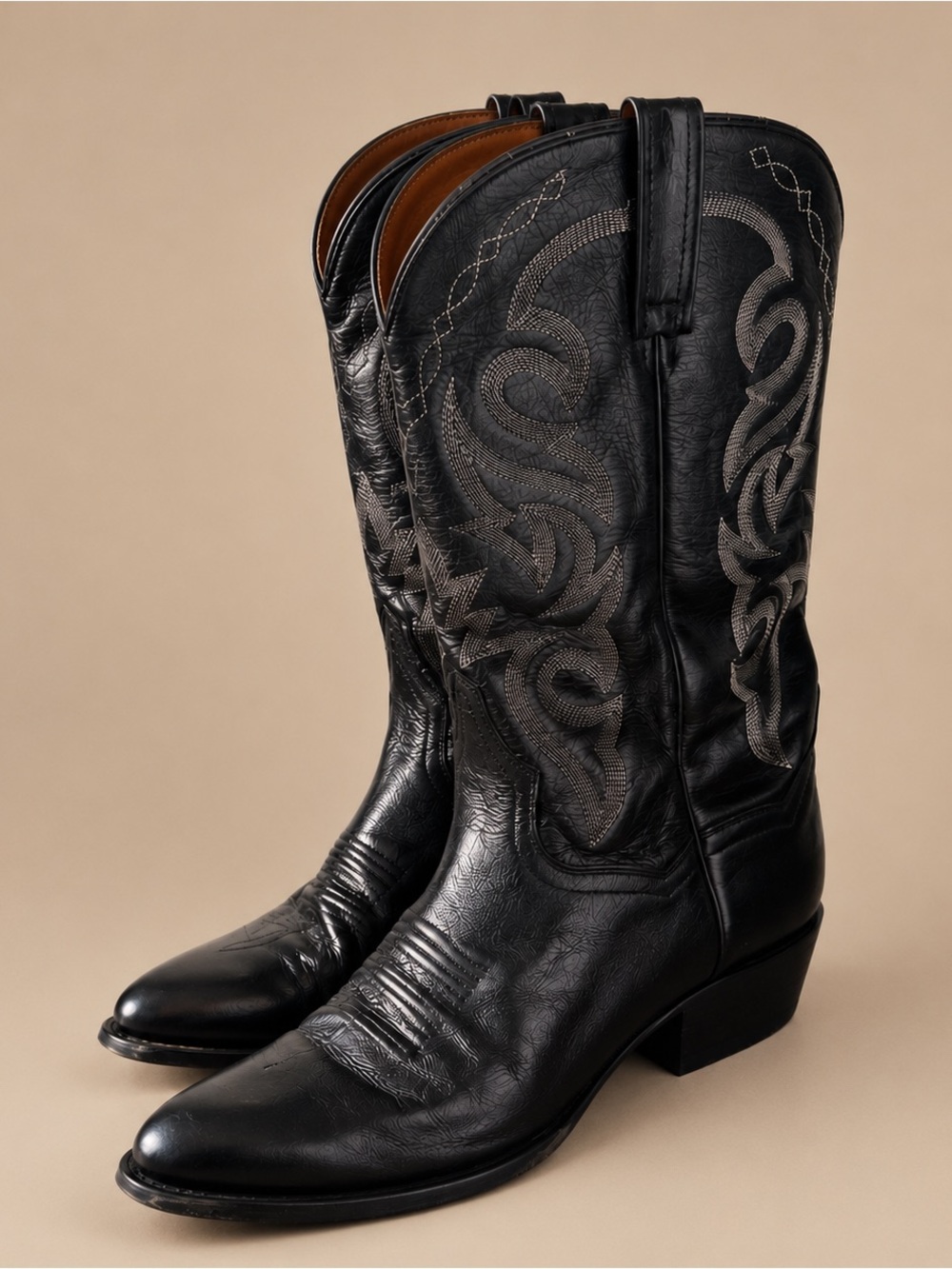 Dan Post Black Leather Cowboy Boots with Gray Embroidery